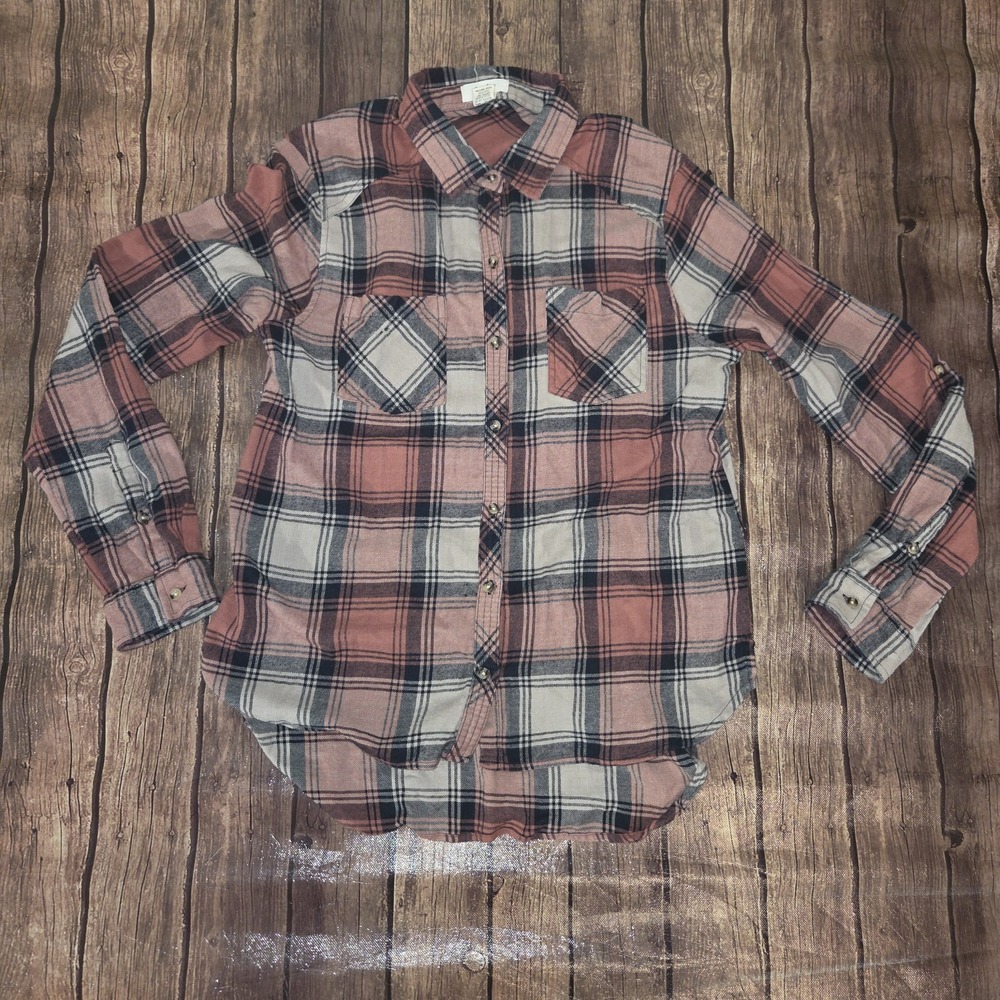 Love Notes Flannel Button Down Shirt Mauve XL Plaid Roll Tab Y2K Bella Swan